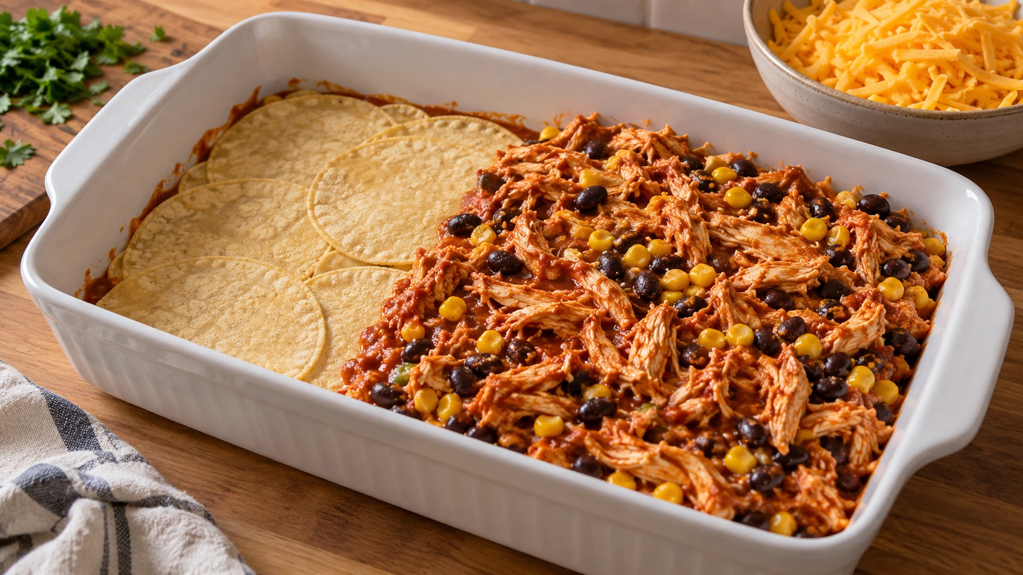 Corn tortillas and chicken, black bean and corn filling layered in a casserole dish before baking.