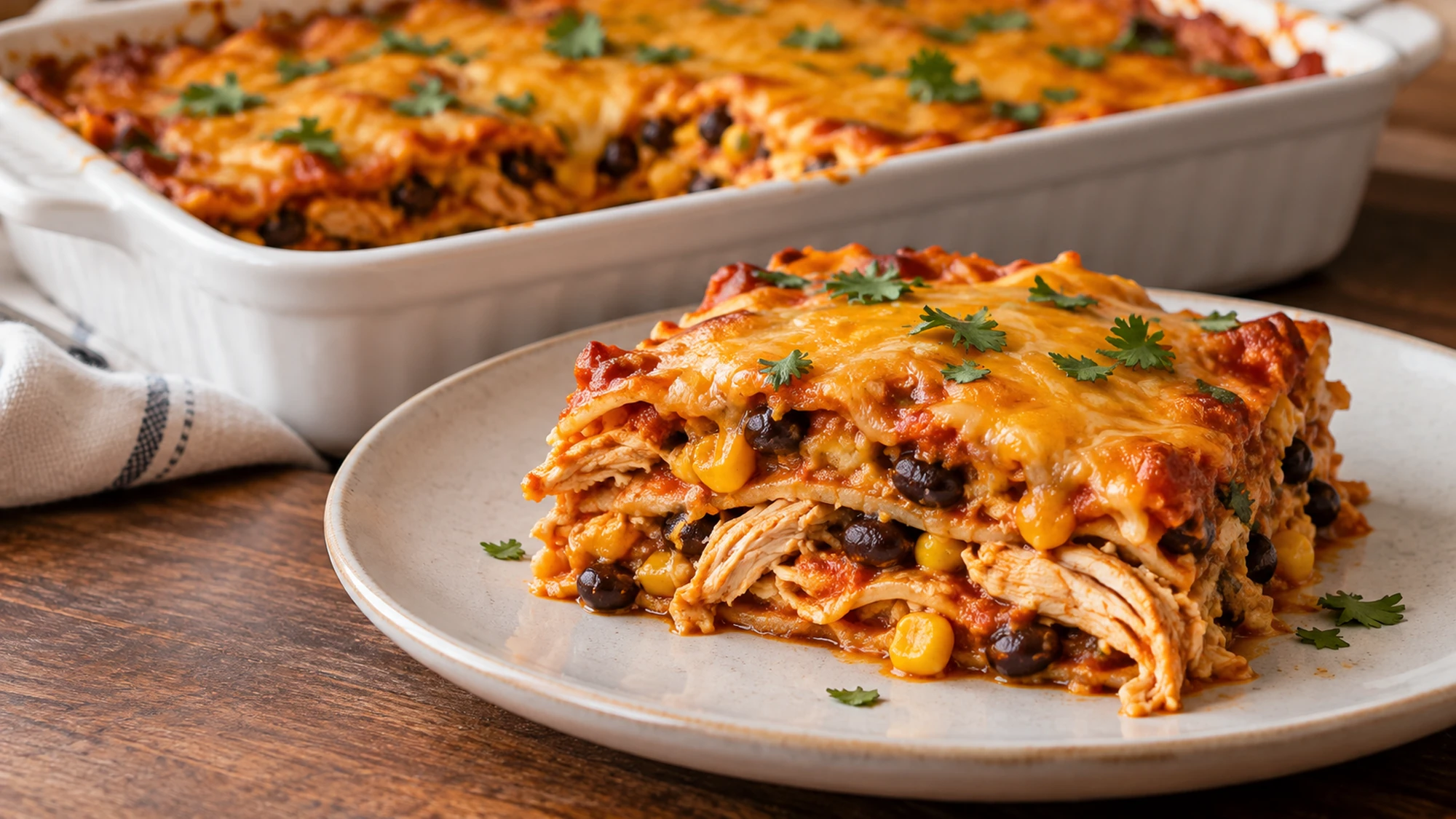 A plated serving of chicken enchilada casserole with red sauce, melted cheddar and cilantro.