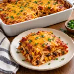 A square serving of chicken enchilada casserole beside the baking dish.