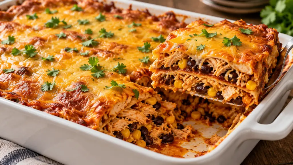A serving lifted from chicken enchilada casserole, showing chicken, bean and corn layers beneath golden cheddar.