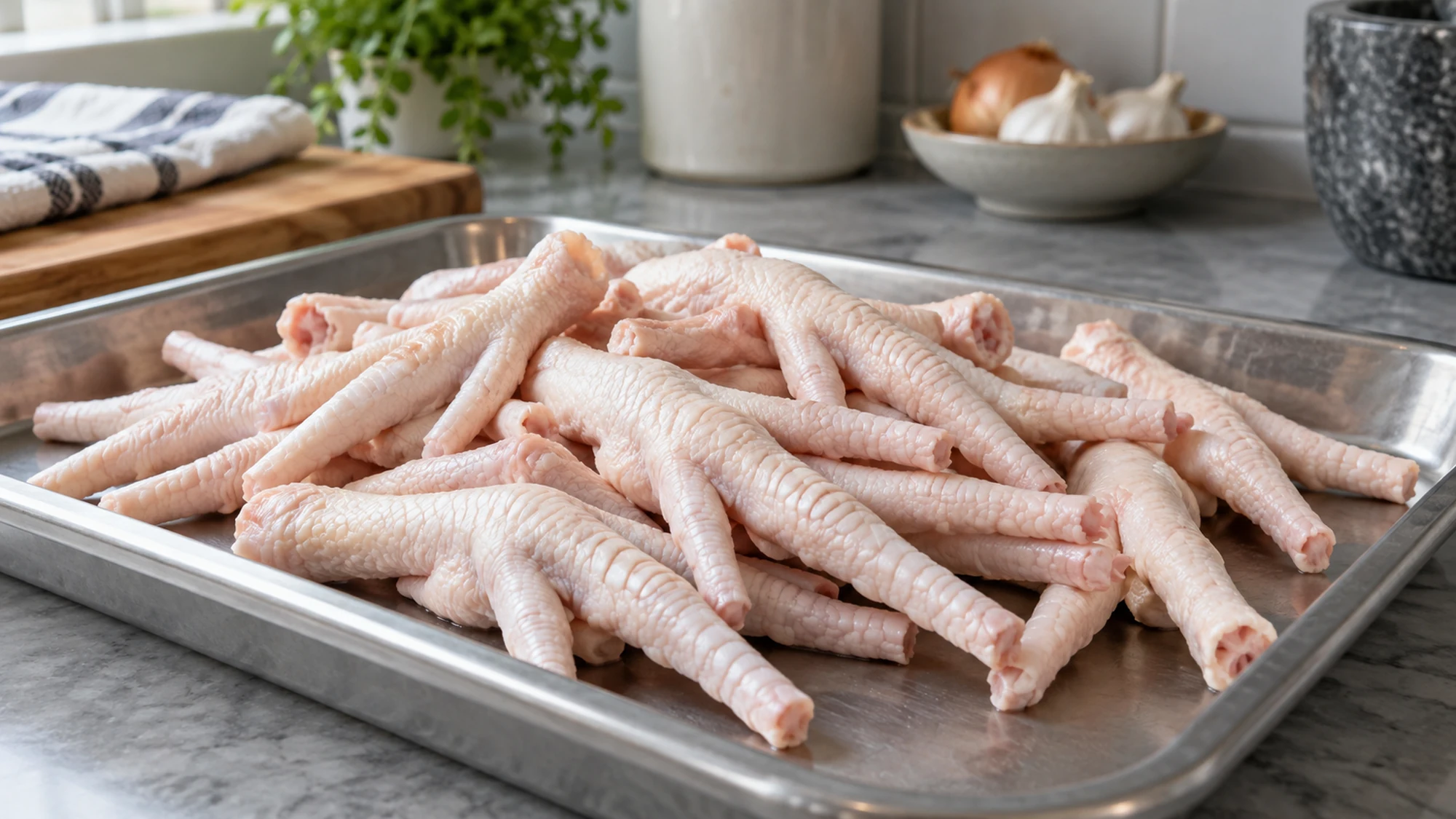 Raw chicken feet with trimmed toes arranged on a dedicated metal tray.