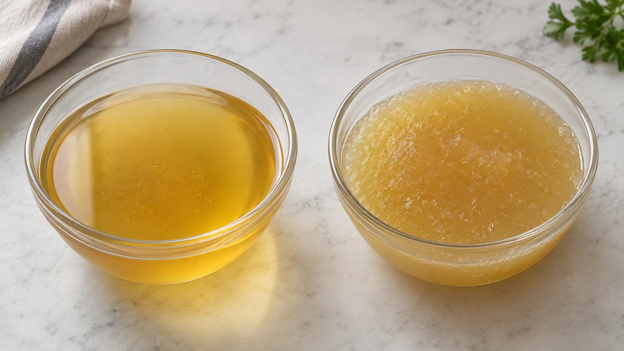 Liquid golden chicken stock beside chilled set stock in clear glass bowls.