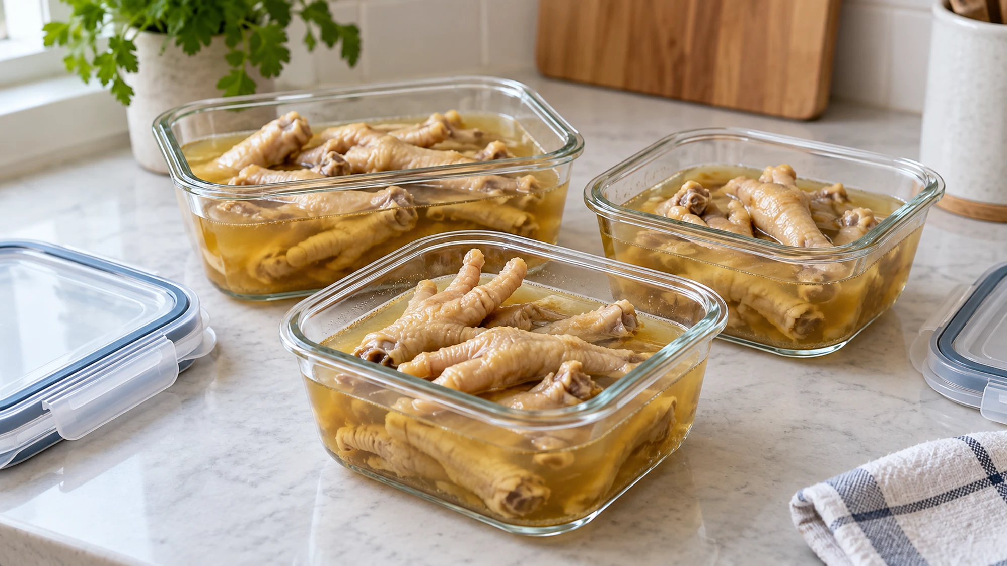 Cooked chicken feet and broth portioned into shallow glass containers.