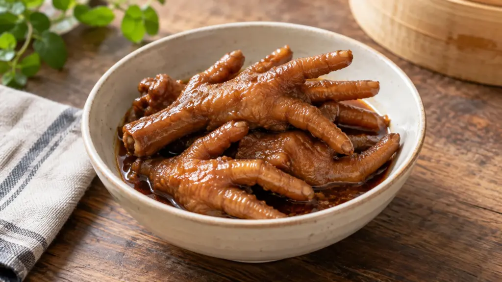 Cooked braised chicken feet in a small bowl with savory brown sauce.