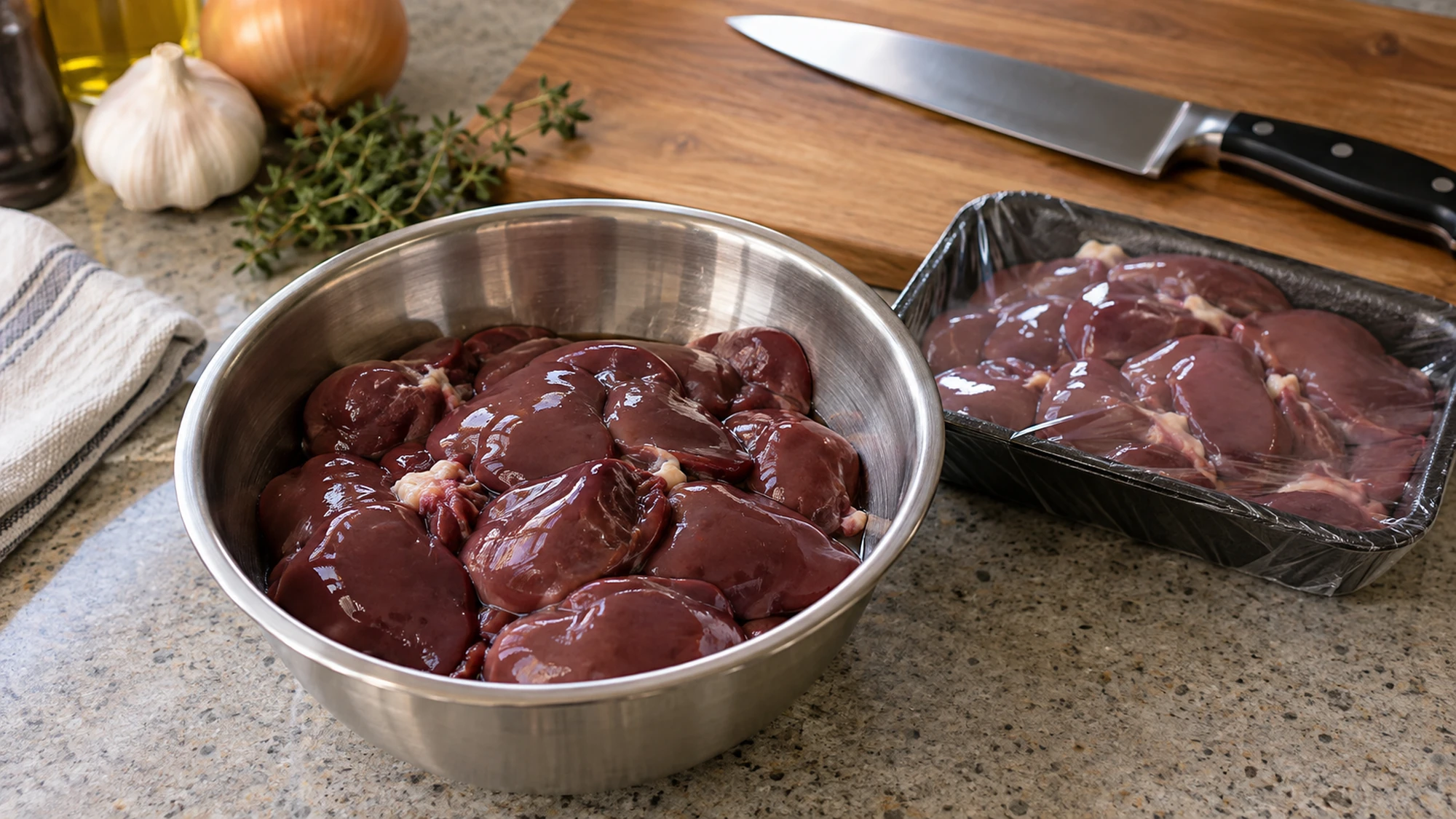 Raw chicken liver in a metal bowl beside a covered package