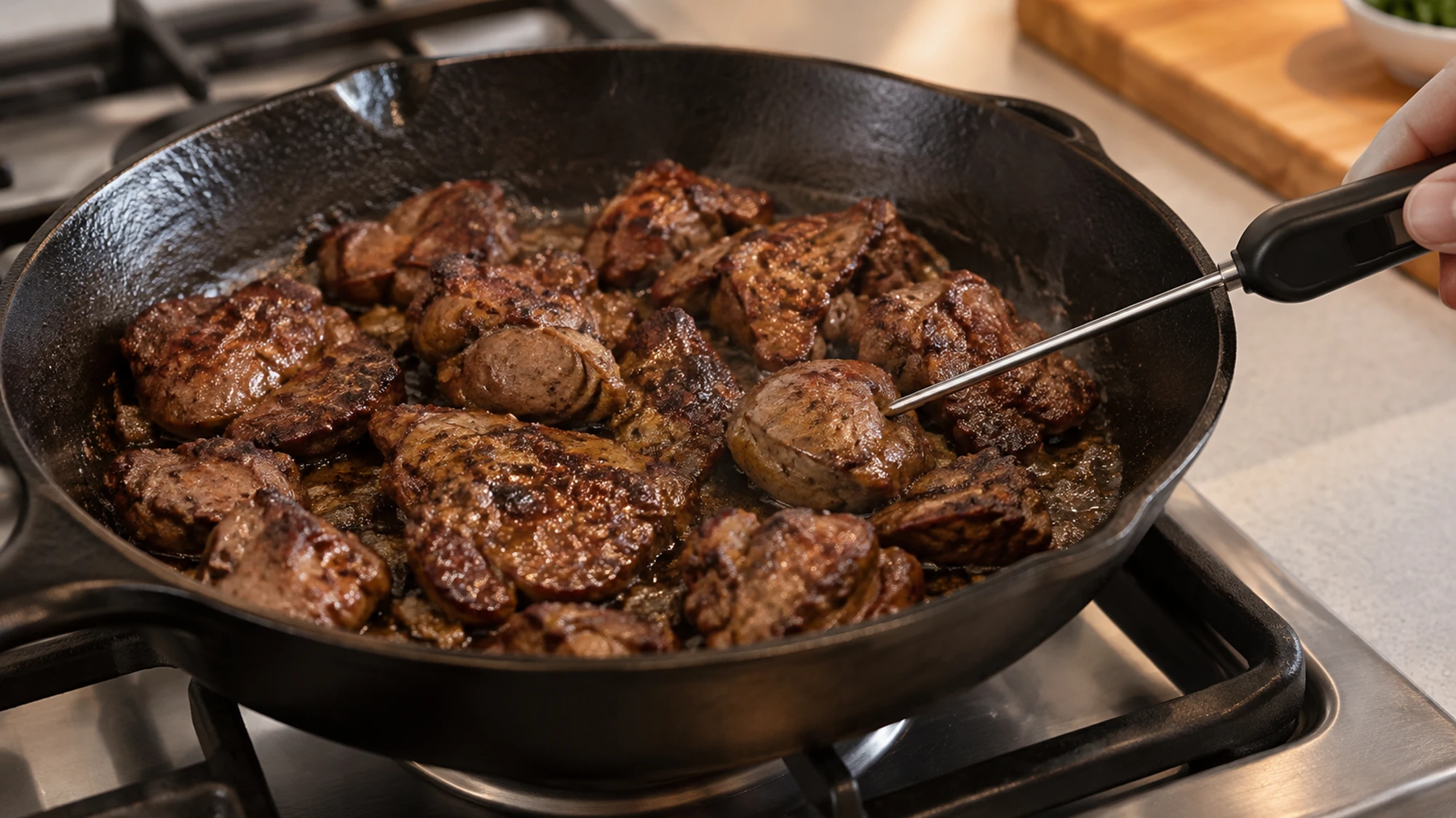 A probe thermometer checking chicken liver in a skillet
