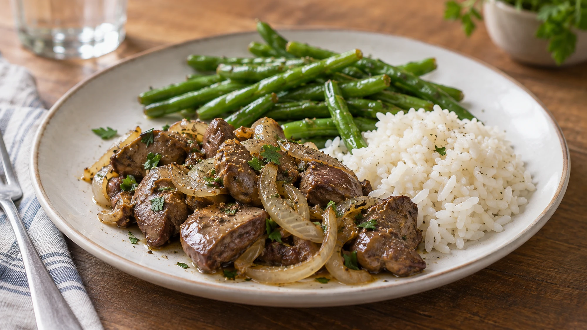 Chicken liver and onions served with rice and green beans