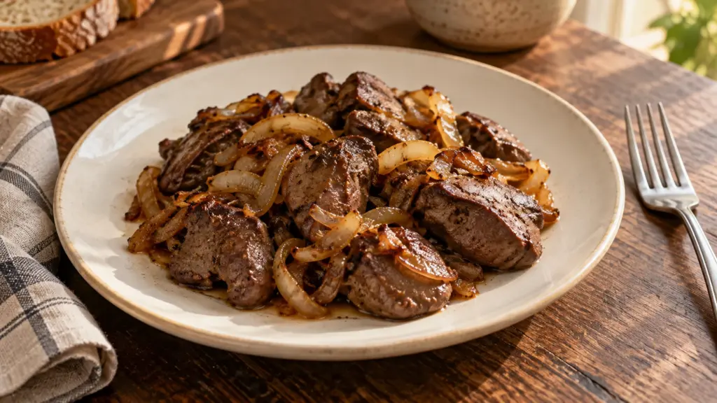 Cooked chicken liver with golden onions on a cream plate
