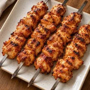 Four grilled chicken shish skewers arranged diagonally on a square ceramic plate