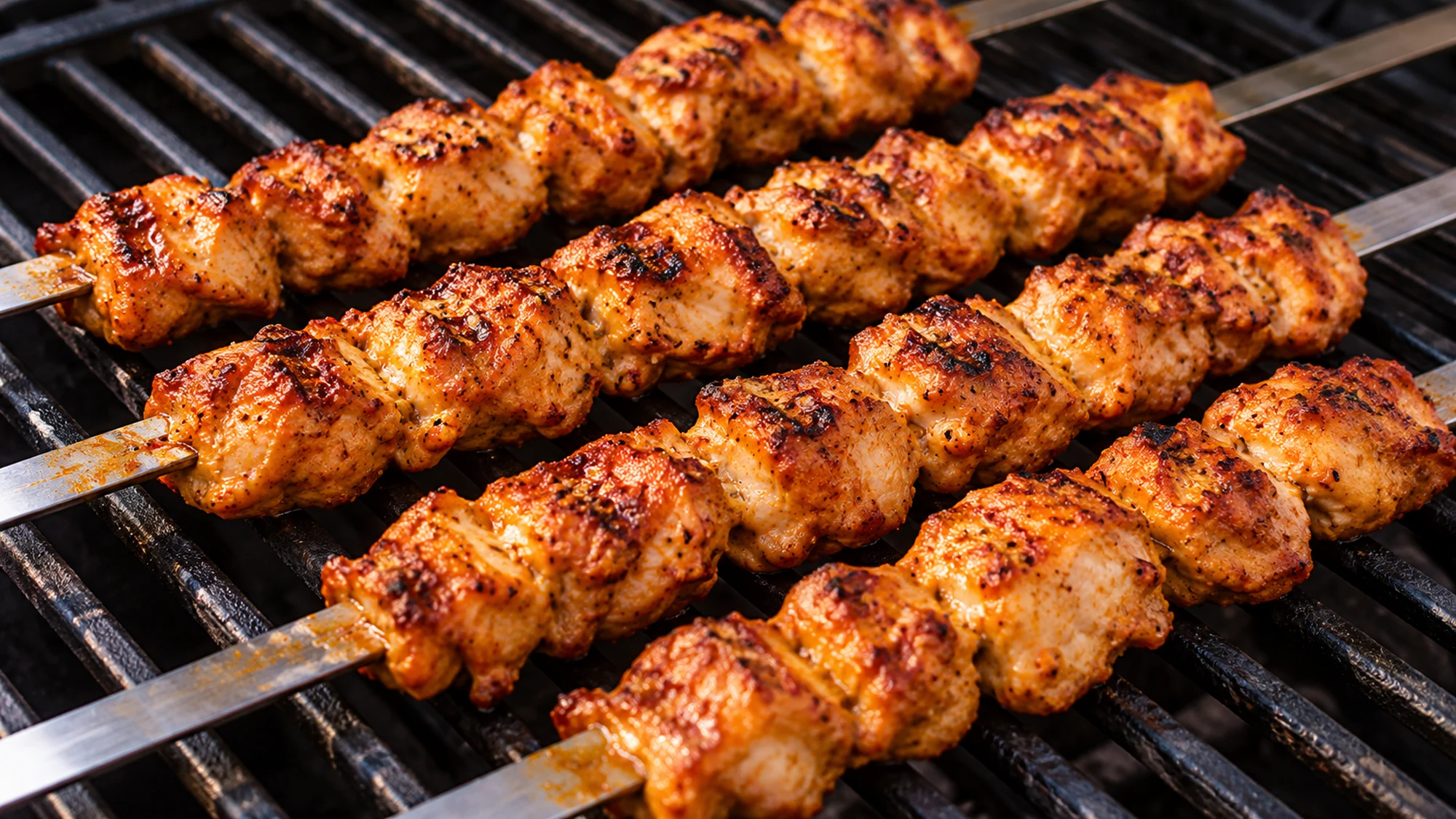 Chicken-only metal skewers browning on a clean outdoor grill