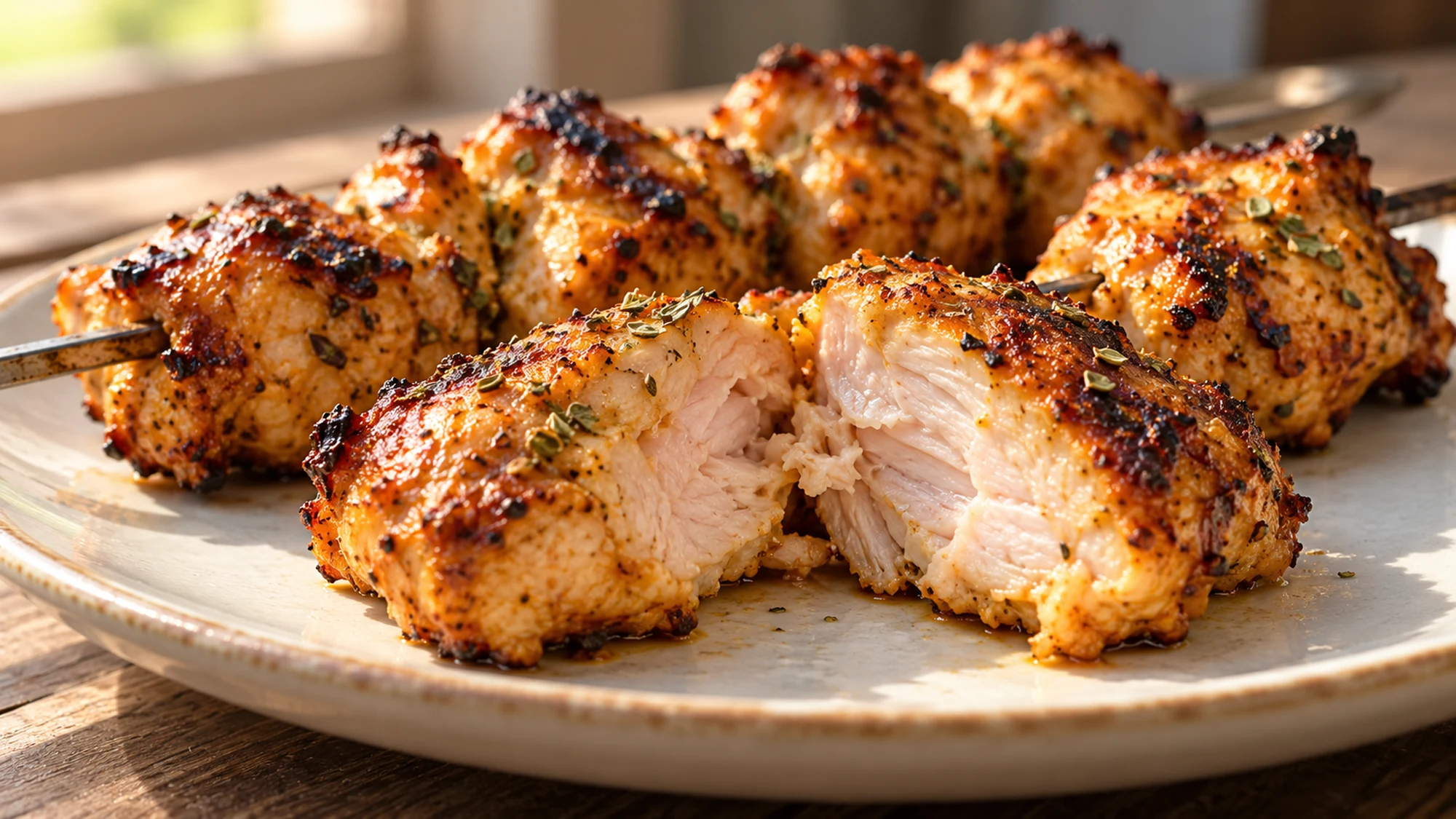 A grilled chicken thigh piece cut open to show its cooked tender center beside a skewer