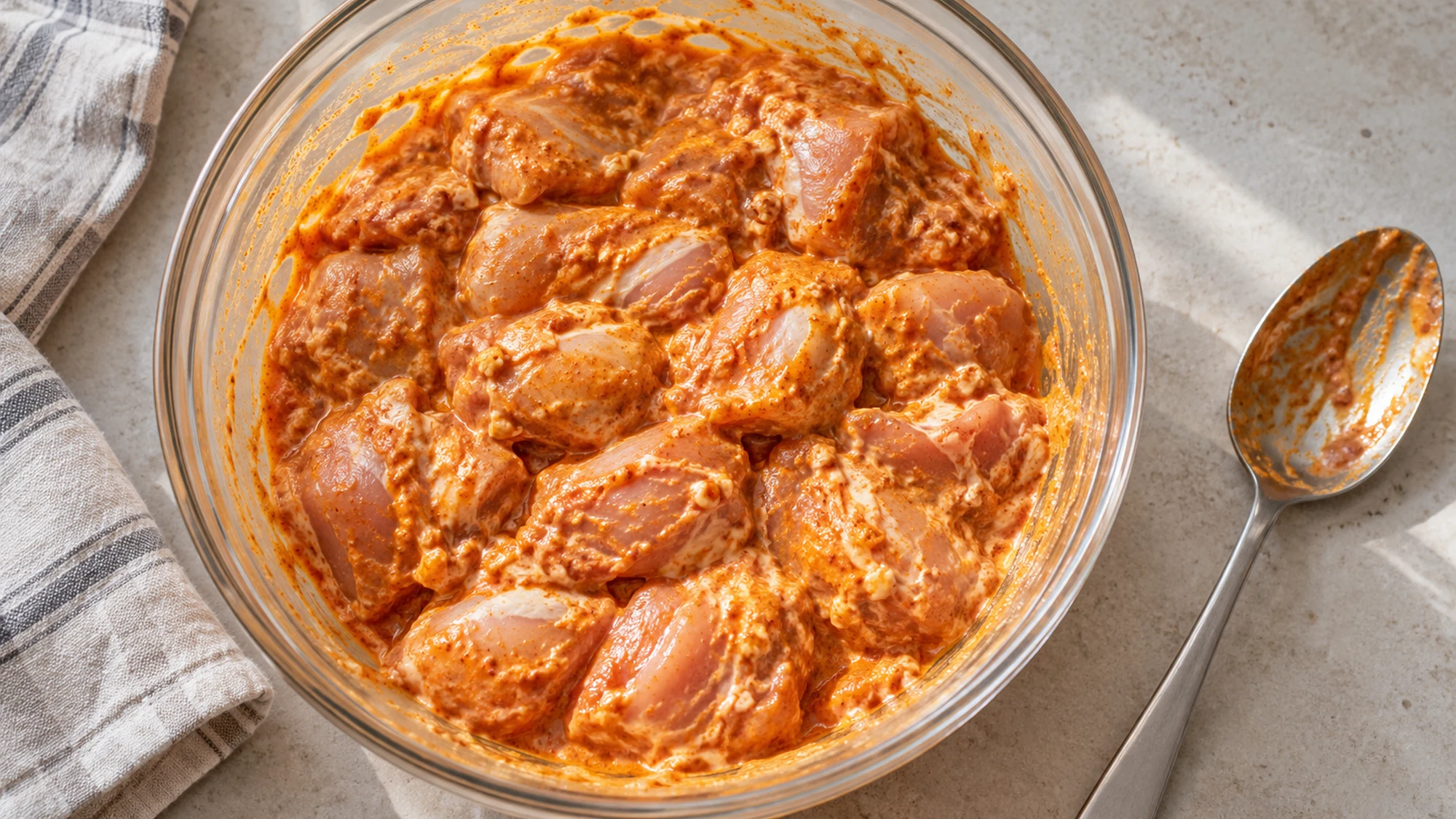 Bite-size chicken thigh pieces coated in a paprika and yogurt marinade in a mixing bowl