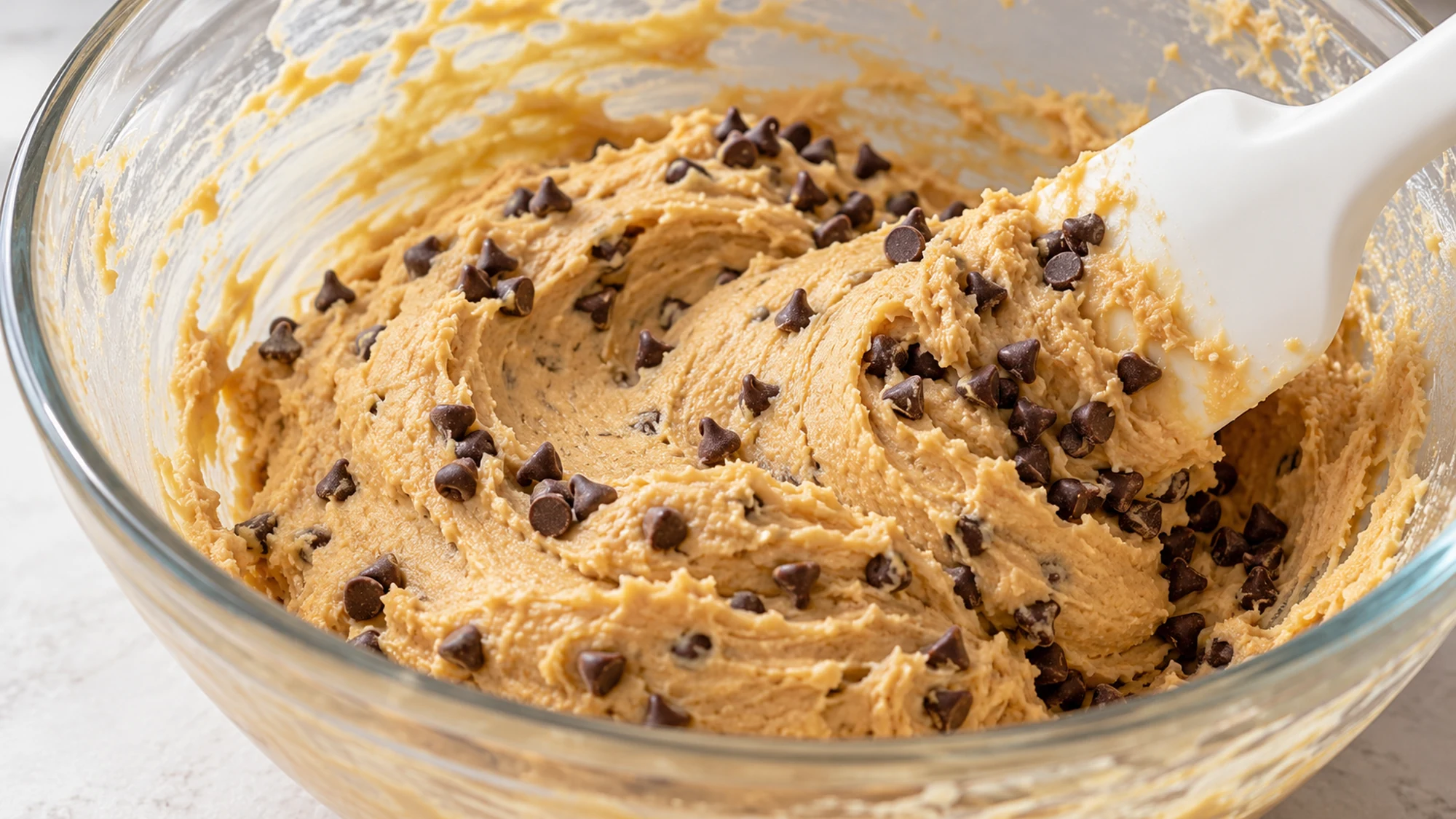 A silicone spatula folds mini chocolate chips into blended chickpea and peanut butter dough.