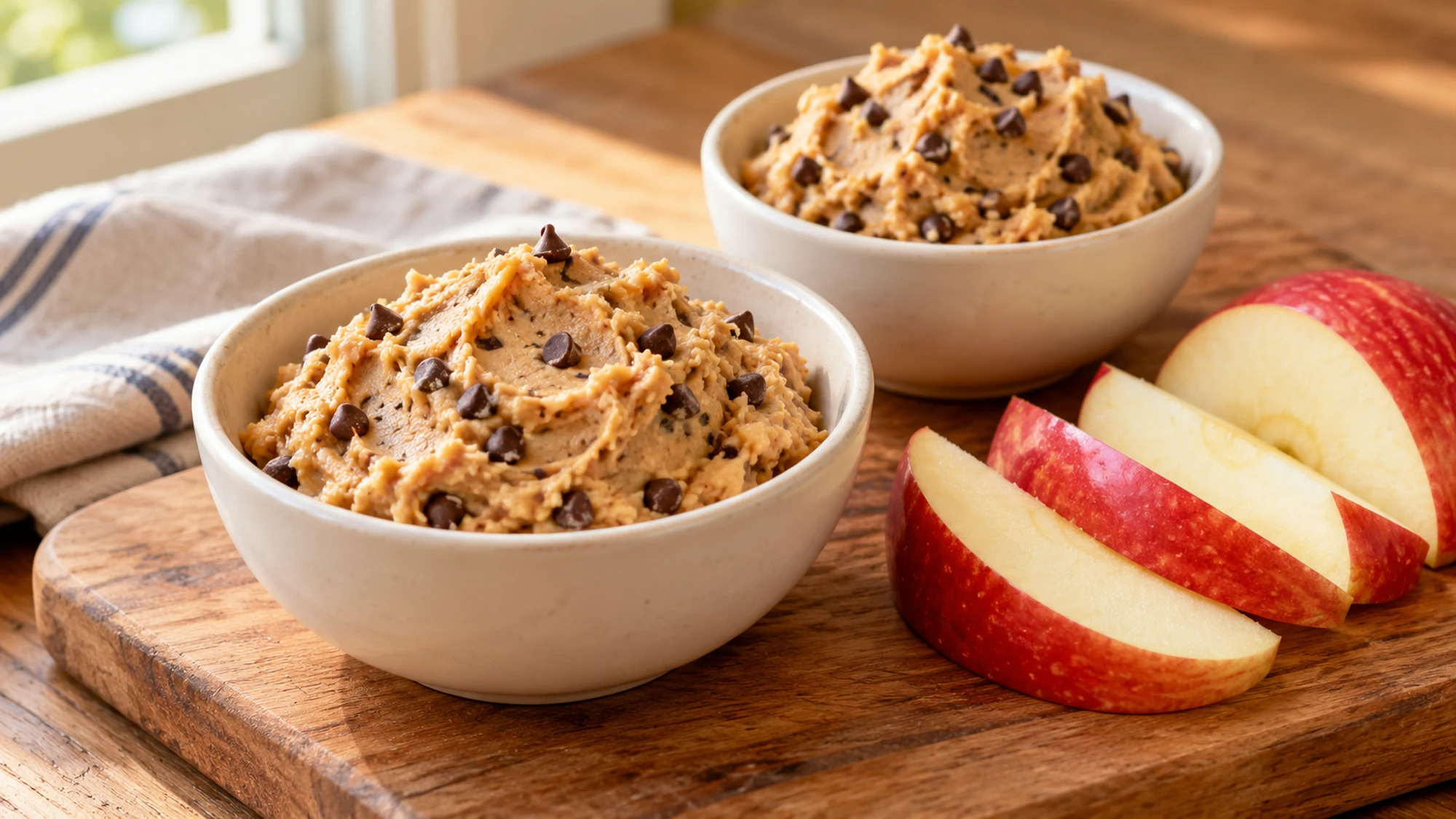 Two small bowls of chickpea cookie dough served with crisp red apple slices.
