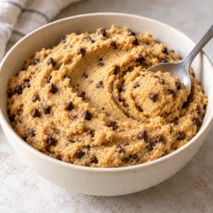 Creamy chickpea cookie dough with mini chocolate chips and a spoon, composed in a square frame.