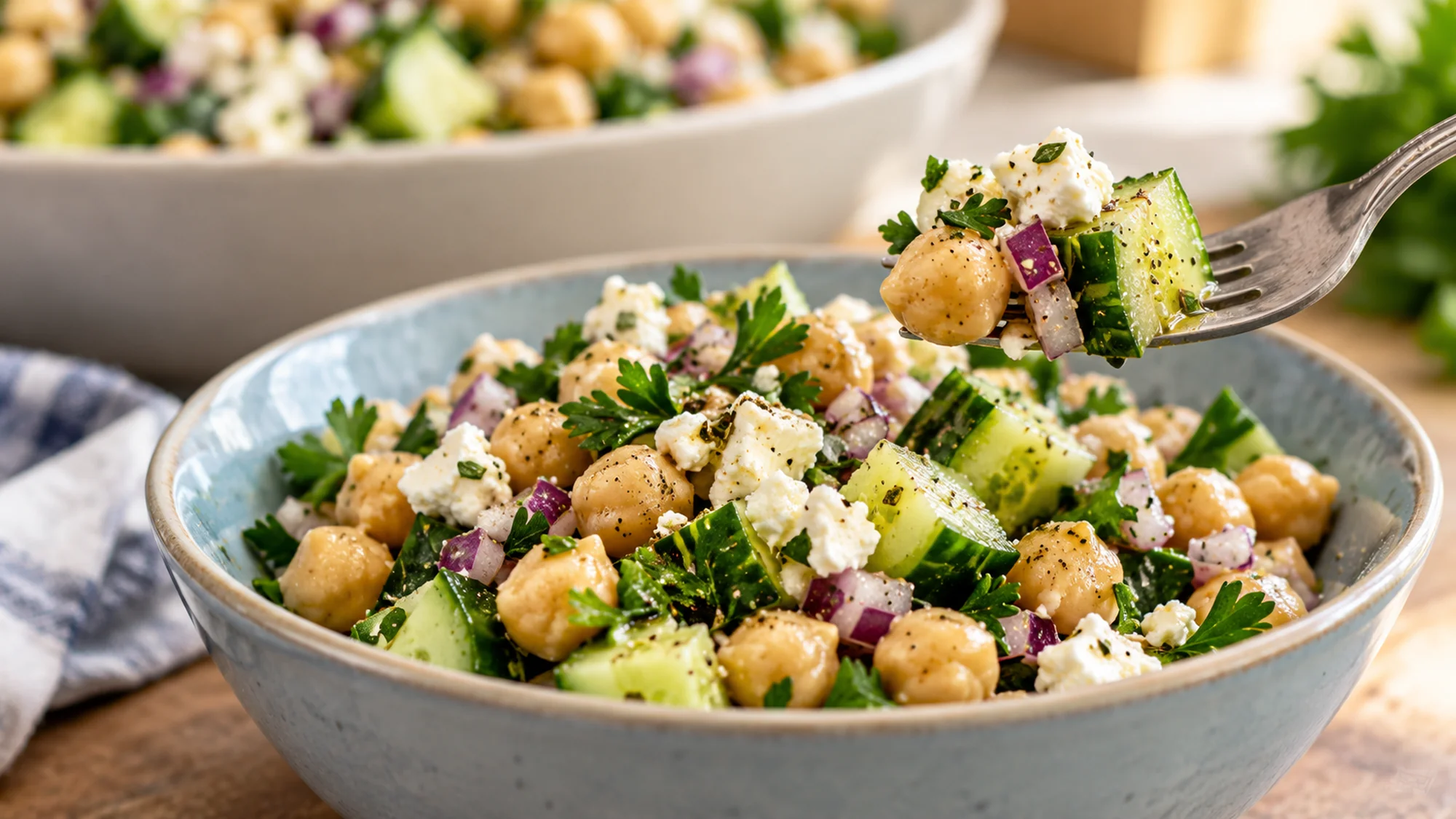 Individual bowl of chickpea cucumber salad with a forkful of crisp cucumber