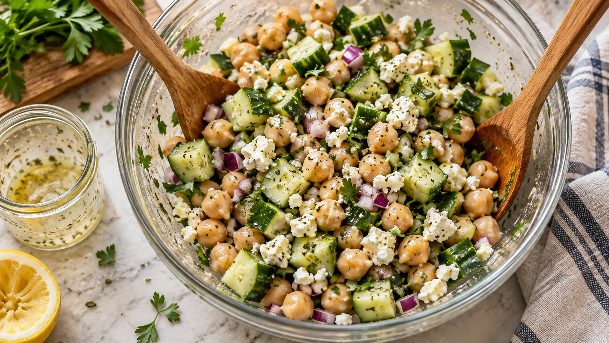 Lemony chickpea cucumber salad tossed with wooden servers in a glass bowl