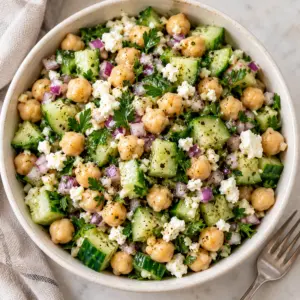Square overhead view of chickpea cucumber salad with feta and fresh parsley