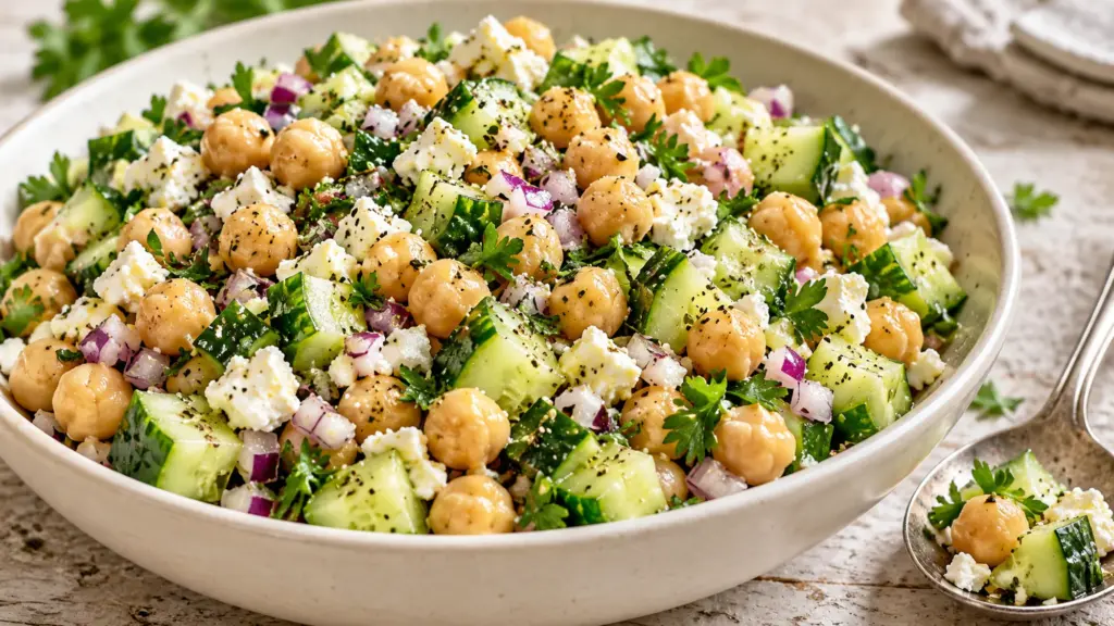 Chickpea cucumber salad with feta, parsley and red onion in an ivory serving bowl