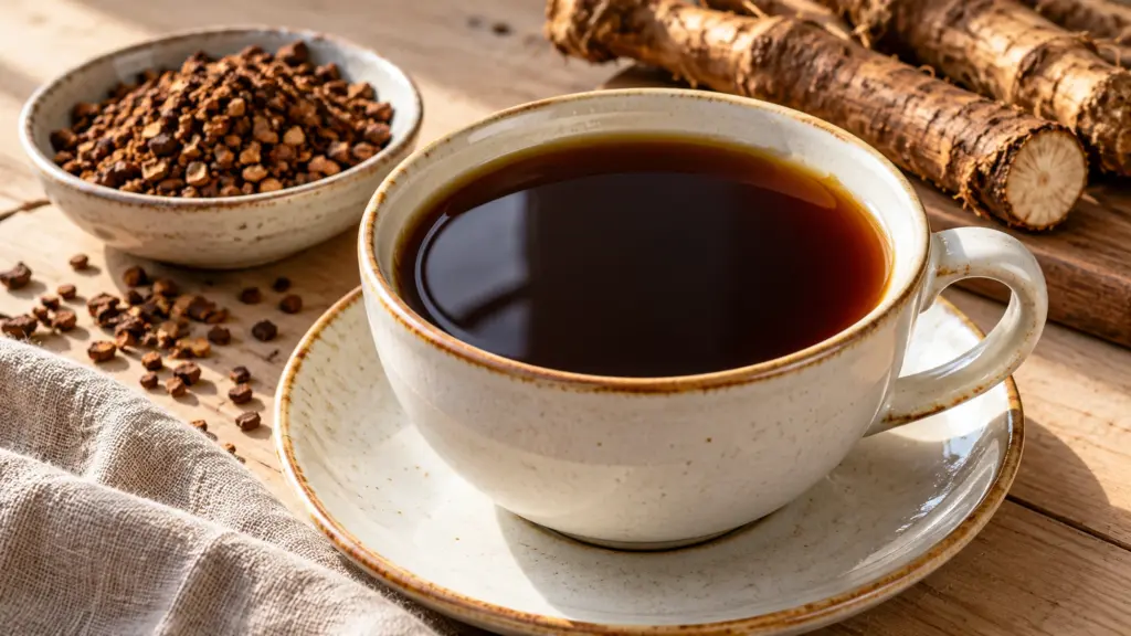 A white cup filled with dark brewed chicory coffee on a pale wooden table