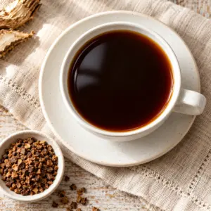 Overhead square view of a cup of black chicory coffee with roasted root granules