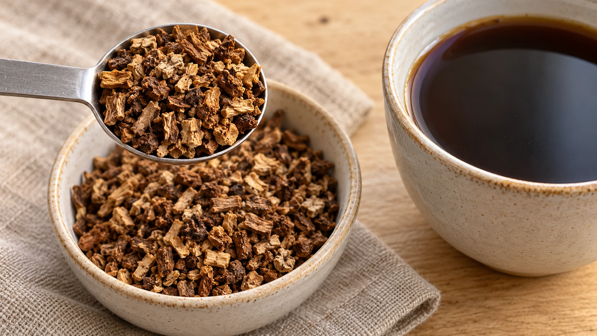 Coarse roasted chicory root granules measured beside a cup of dark chicory coffee