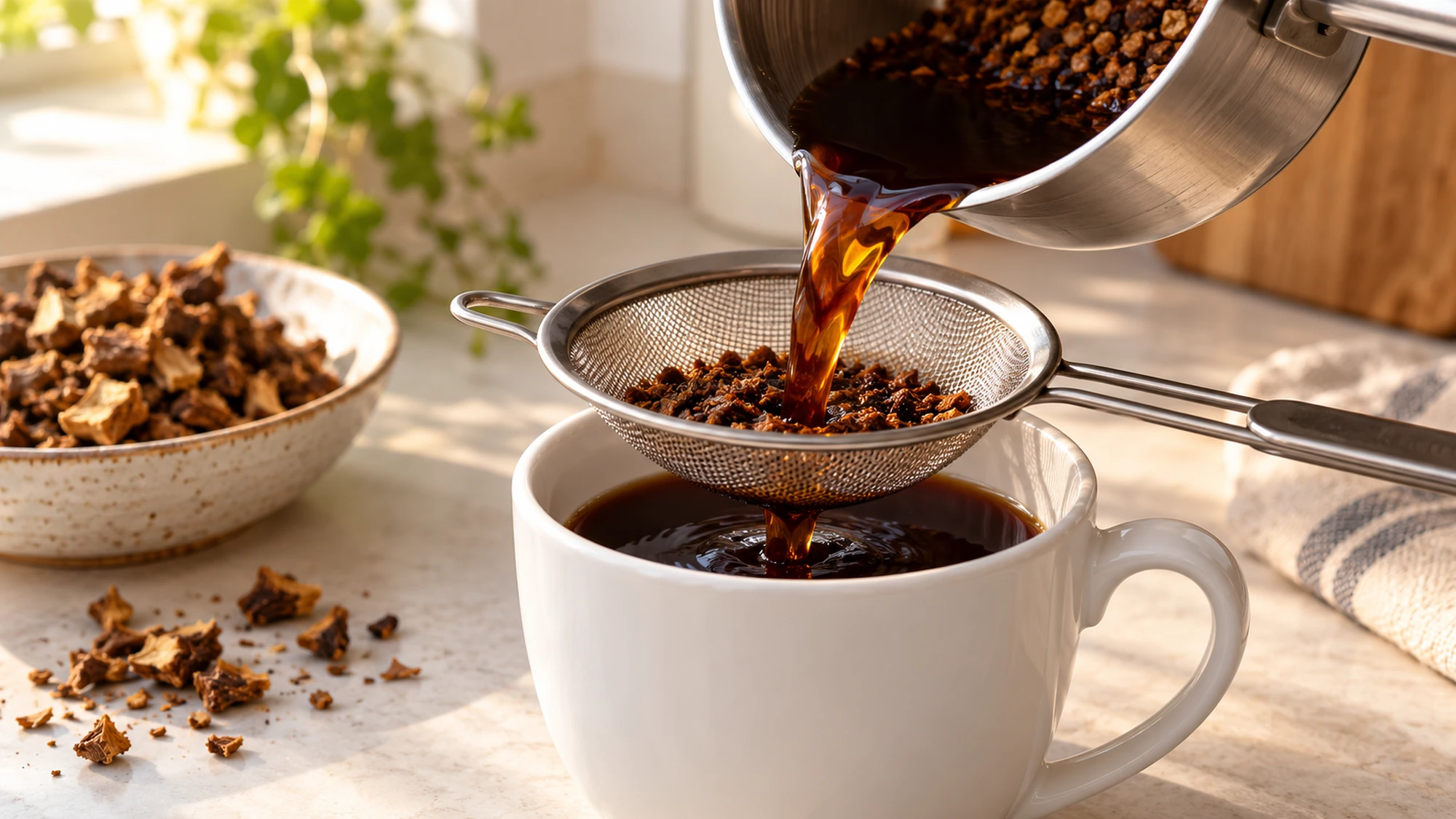Fresh dark chicory coffee poured through a fine mesh strainer into a white mug
