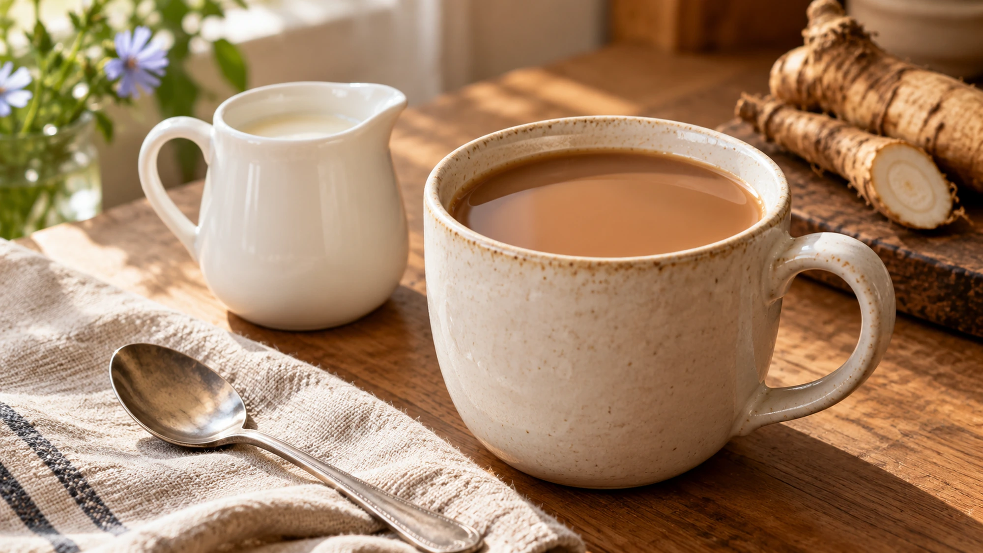 A cup of chicory coffee softened with milk beside a small milk pitcher