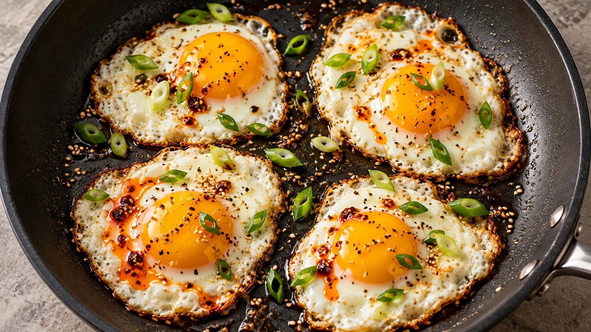 Four chili oil fried eggs with set whites and scallions in a nonstick skillet.