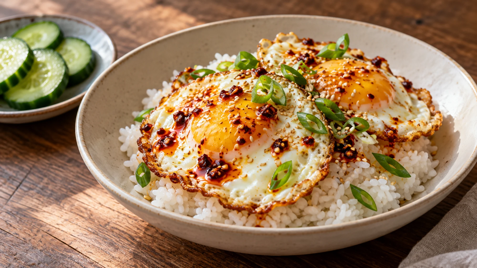 Chili oil eggs served over white rice with cucumber slices alongside.