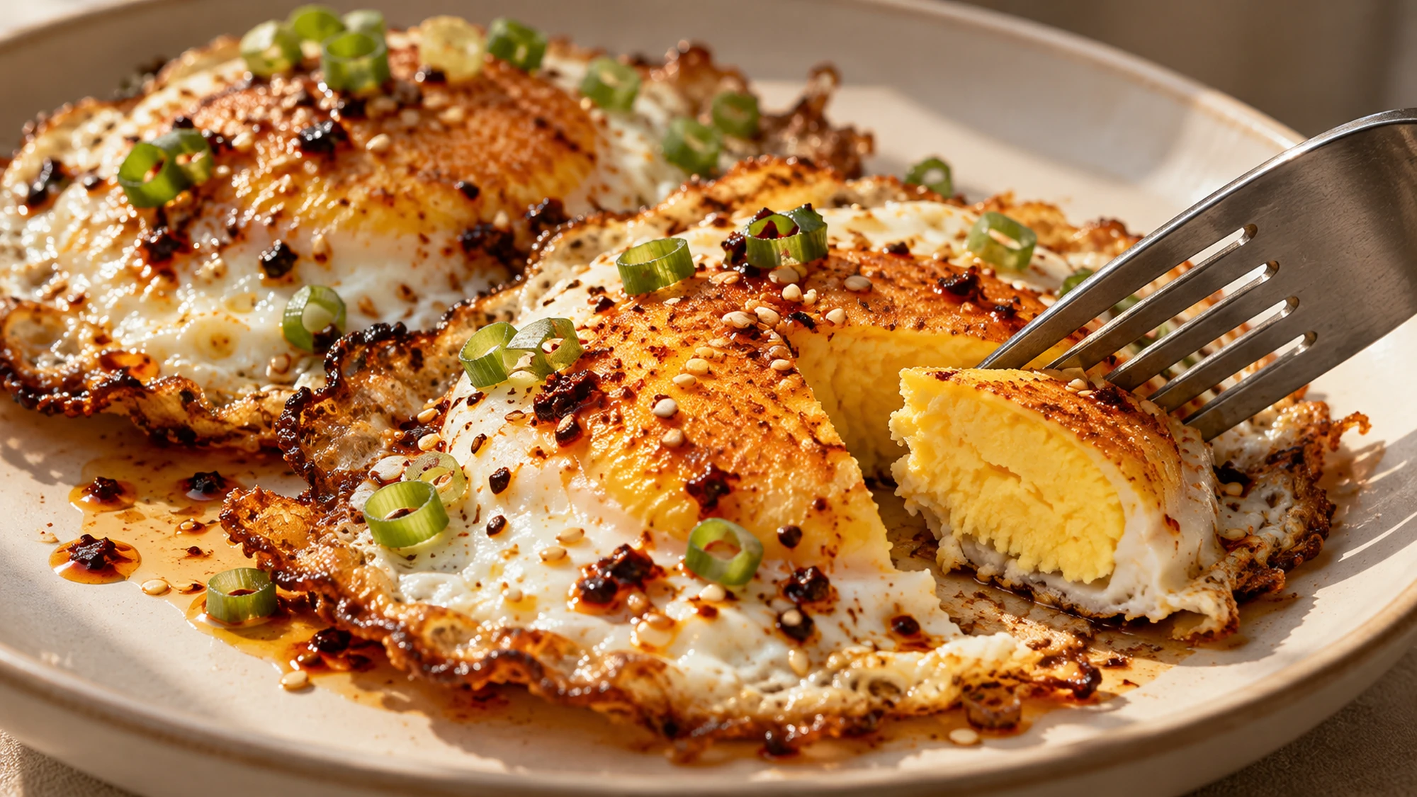 A fork cutting into a chili oil egg to show its fully set yolk and golden edge.