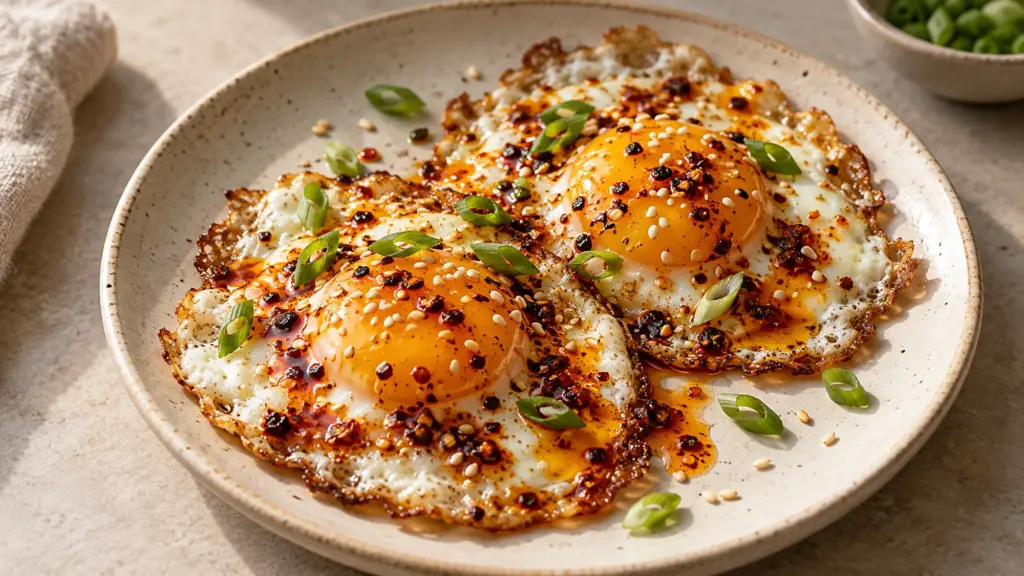 Two chili oil eggs with golden edges, sliced scallions and toasted sesame on a cream plate.