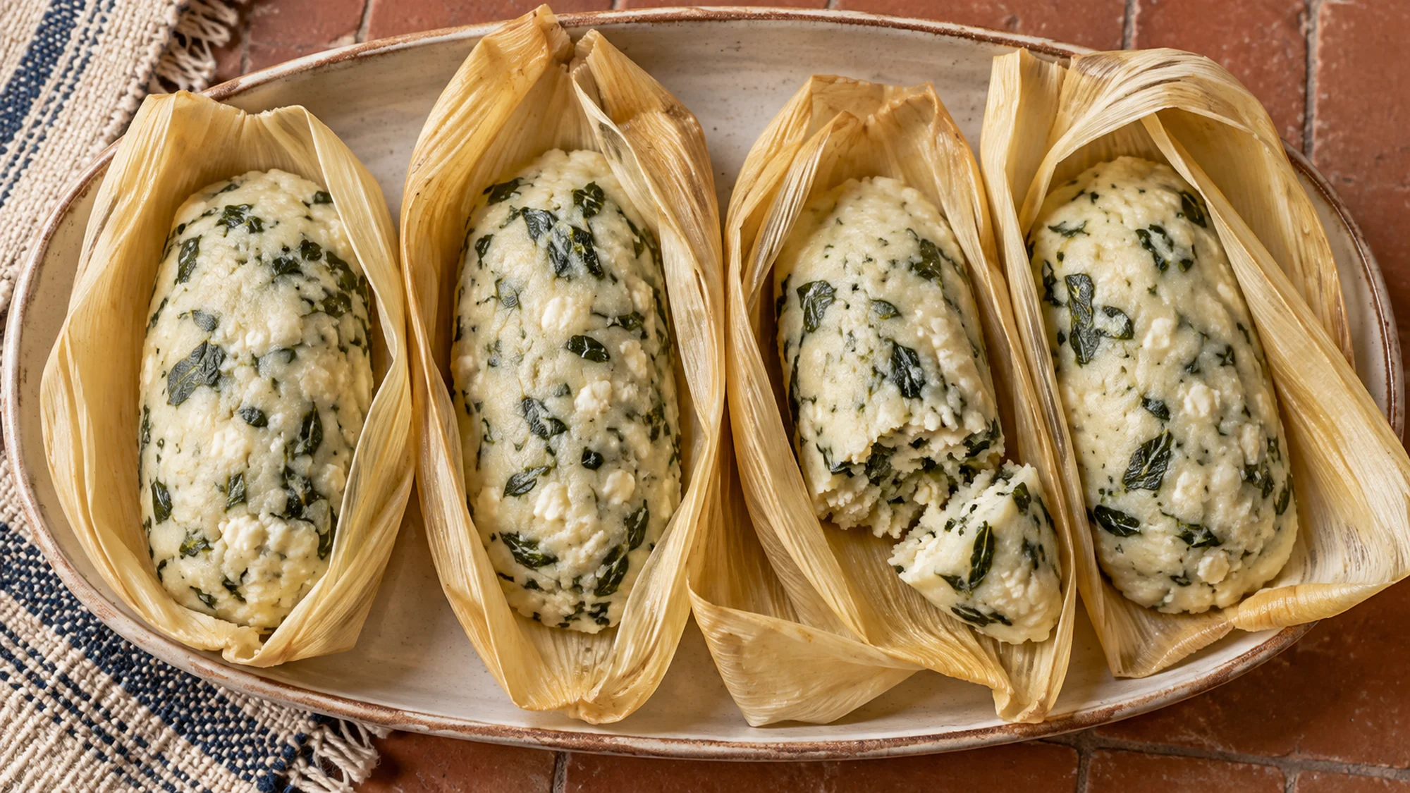 Four Guatemalan chipilín tamalitos arranged in their opened corn husks
