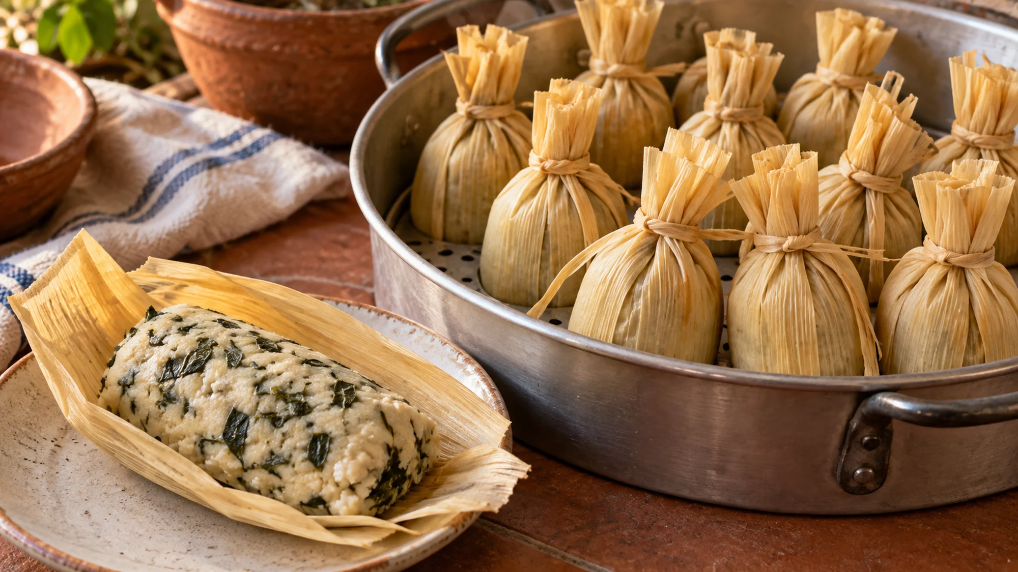 Corn-husk tamalitos in a steamer beside one opened chipilín tamal