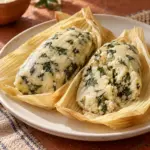 Two small chipilín tamales with one broken open to show the leafy corn crumb