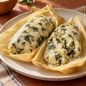 Two small chipilín tamales with one broken open to show the leafy corn crumb
