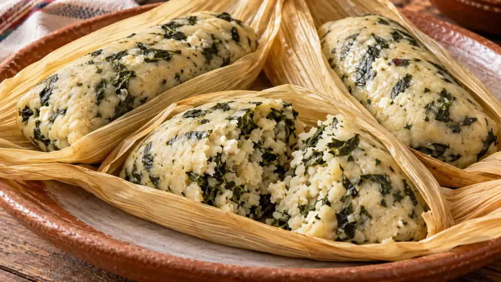 Chipilín tamales in opened corn husks with tender green-flecked masa