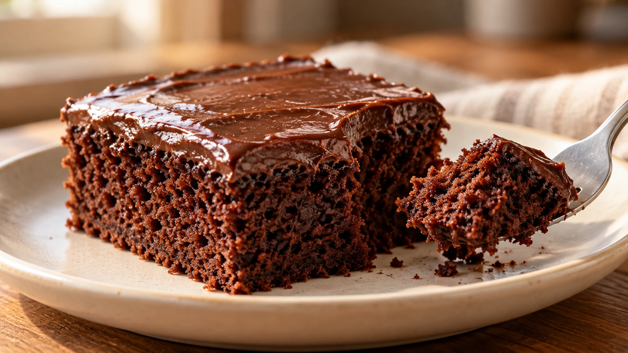 A square of chocolate cake showing tender cocoa crumb beside a forkful