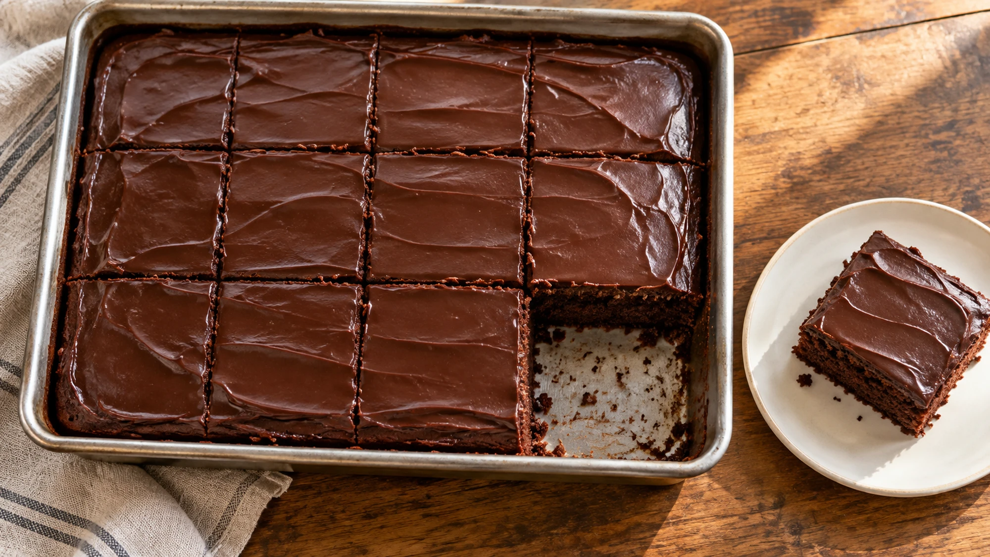Chocolate sheet cake cut into portions in a rectangular pan with one square plated