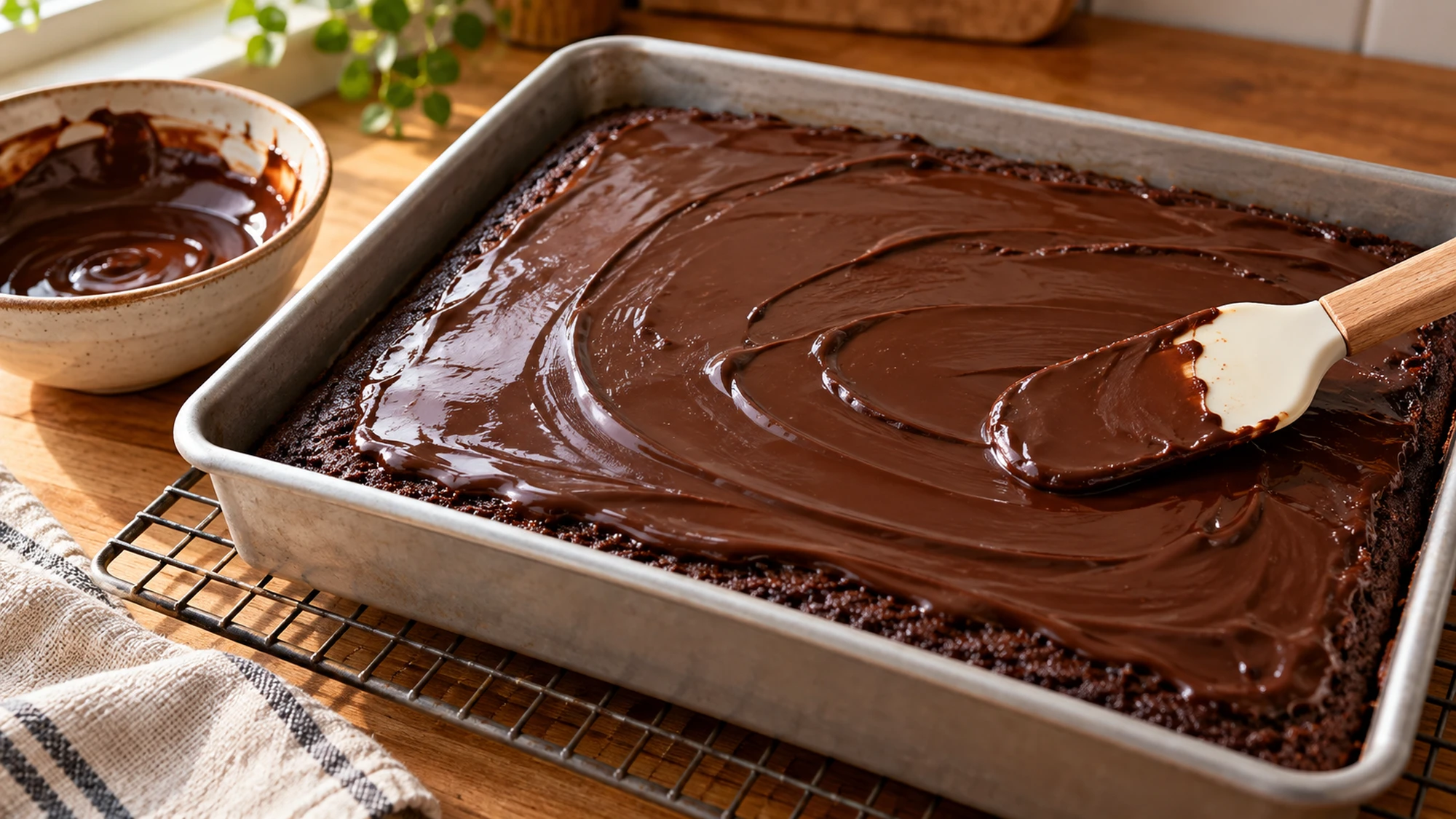 A spatula spreading semisweet chocolate ganache over a cooled sheet cake