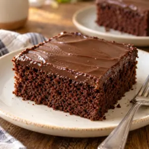 A square of chocolate cake with a thin smooth ganache layer on an ivory plate