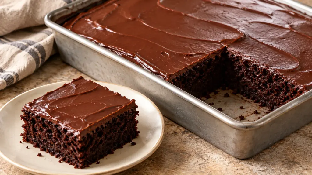 Chocolate sheet cake with a thin ganache topping and a square served beside the pan