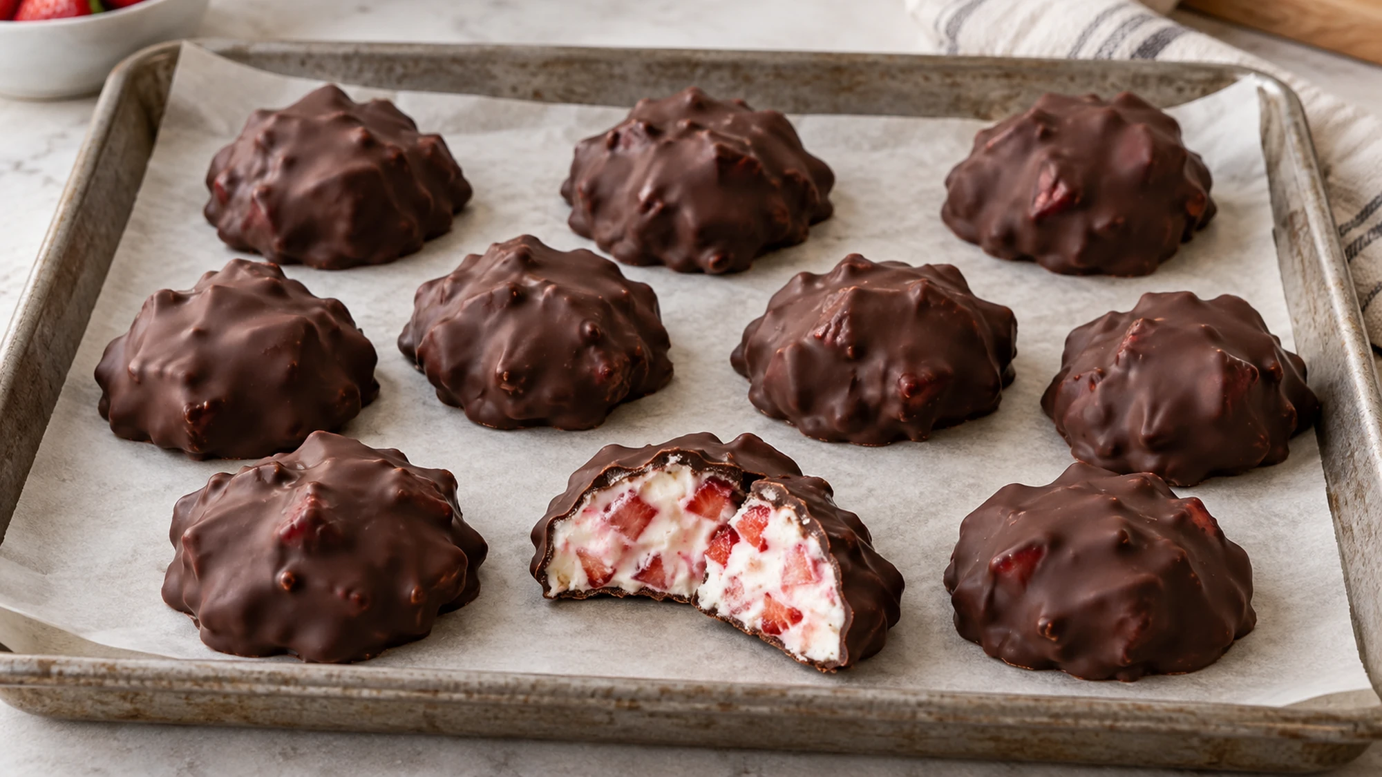 Chocolate-coated strawberry yogurt clusters set on a parchment-lined baking sheet.