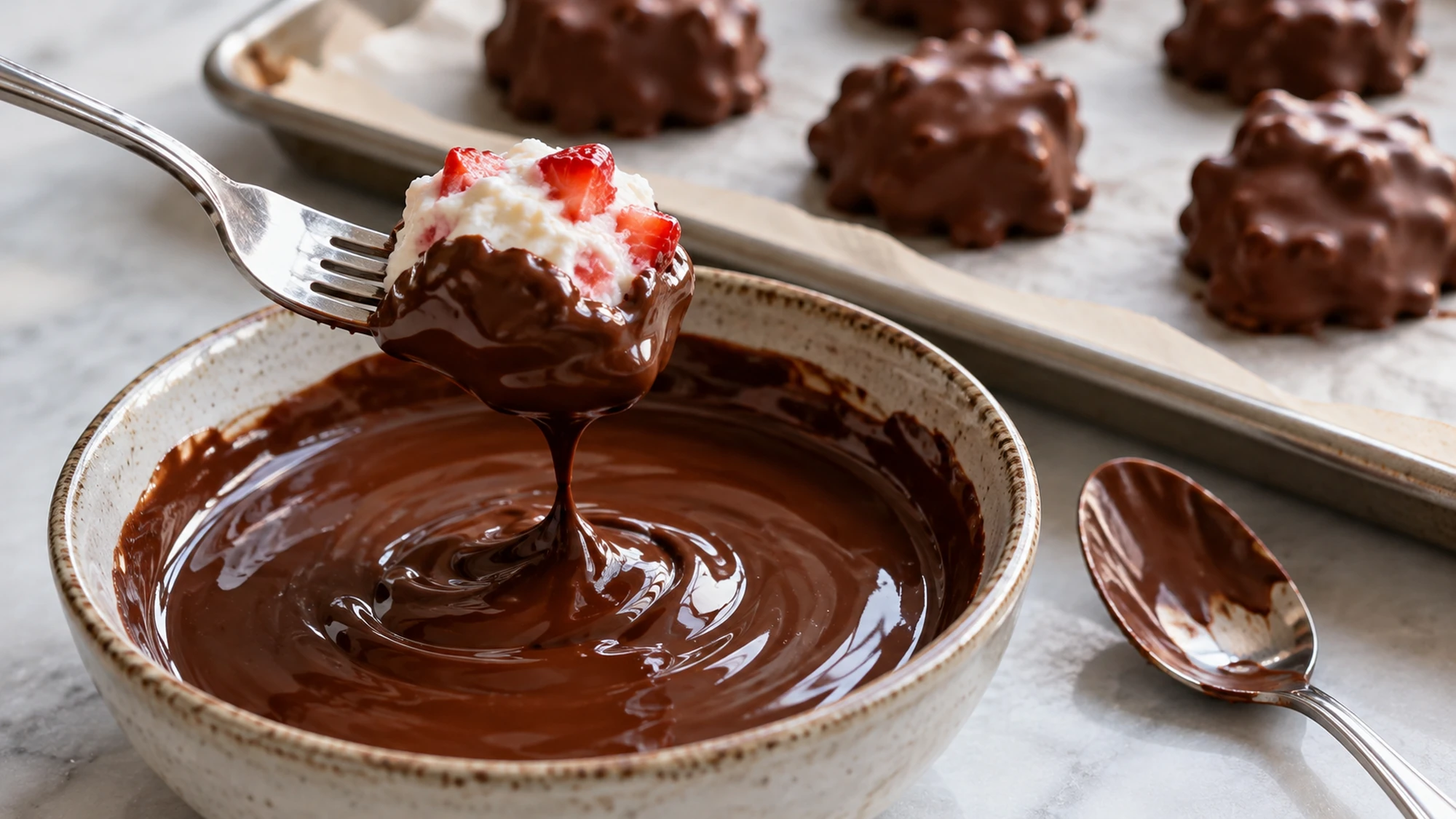 A frozen strawberry yogurt cluster on a fork being coated in melted semisweet chocolate.