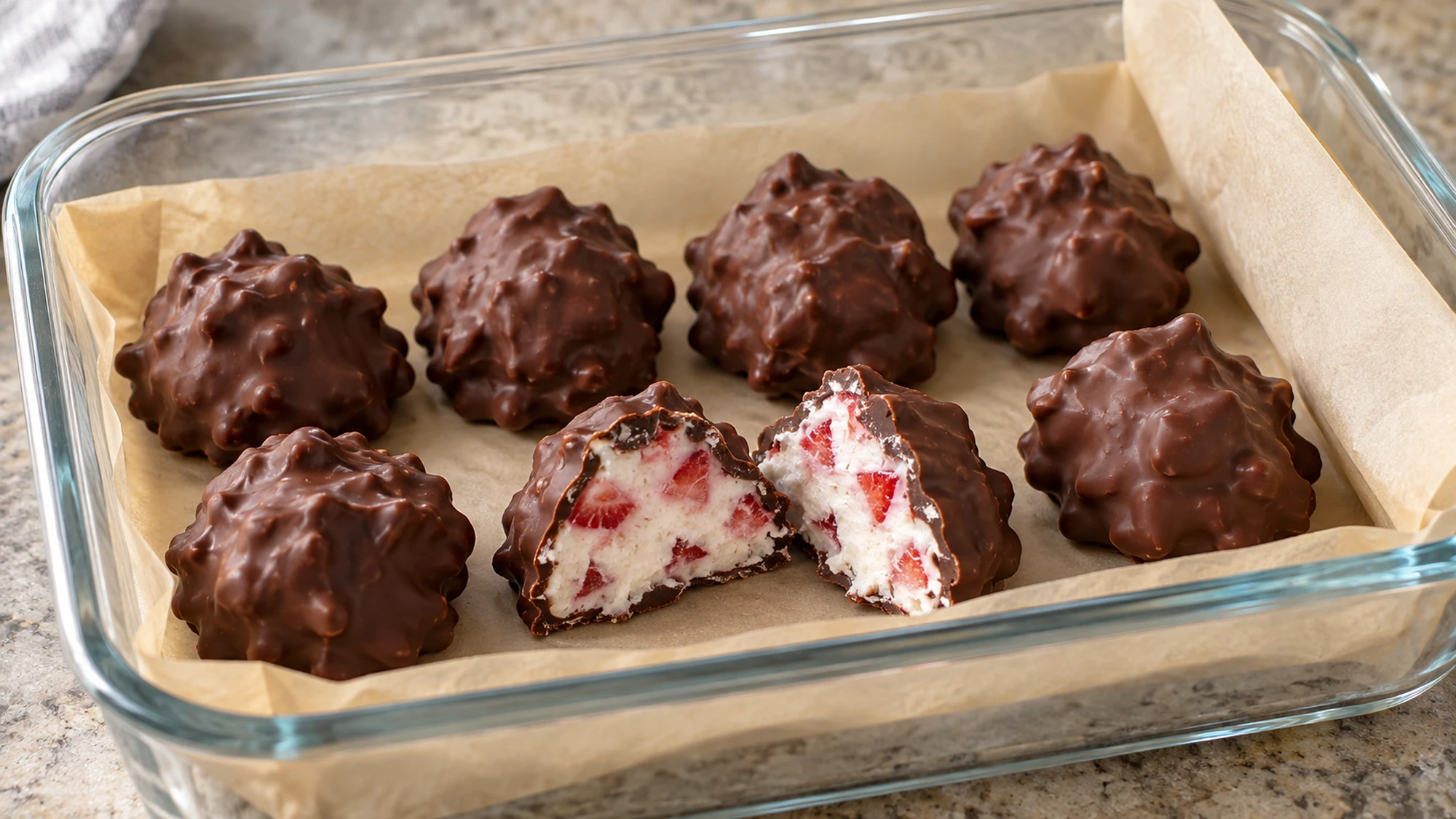 Chocolate strawberry yogurt clusters packed in a parchment-lined freezer-safe container.