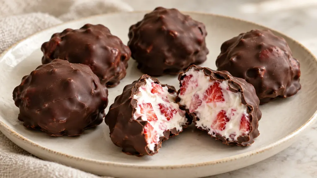 Chocolate strawberry yogurt clusters with a broken piece revealing white yogurt and diced strawberries.