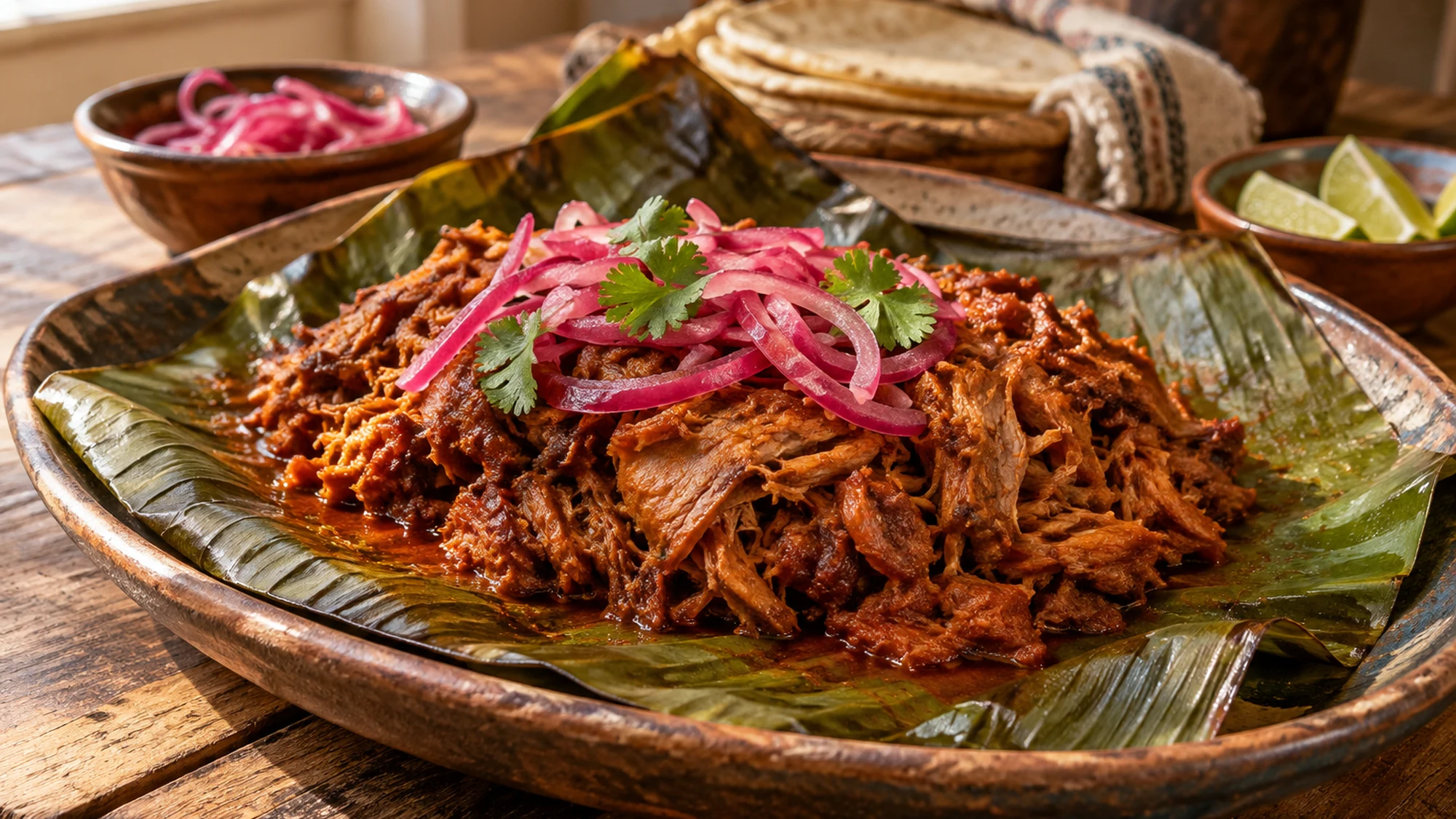 Close view of shredded cochinita pibil pork on a banana leaf with pickled red onion and lime