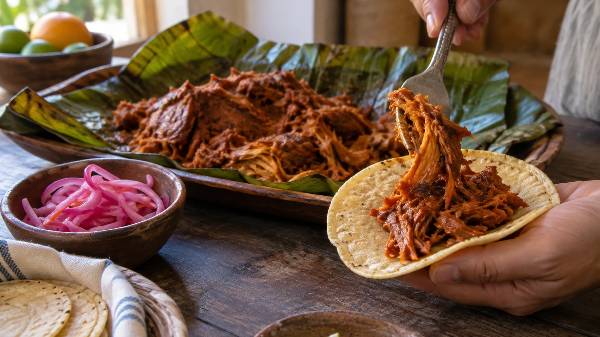 A fork placing cochinita pibil pork into a corn tortilla beside pickled red onions