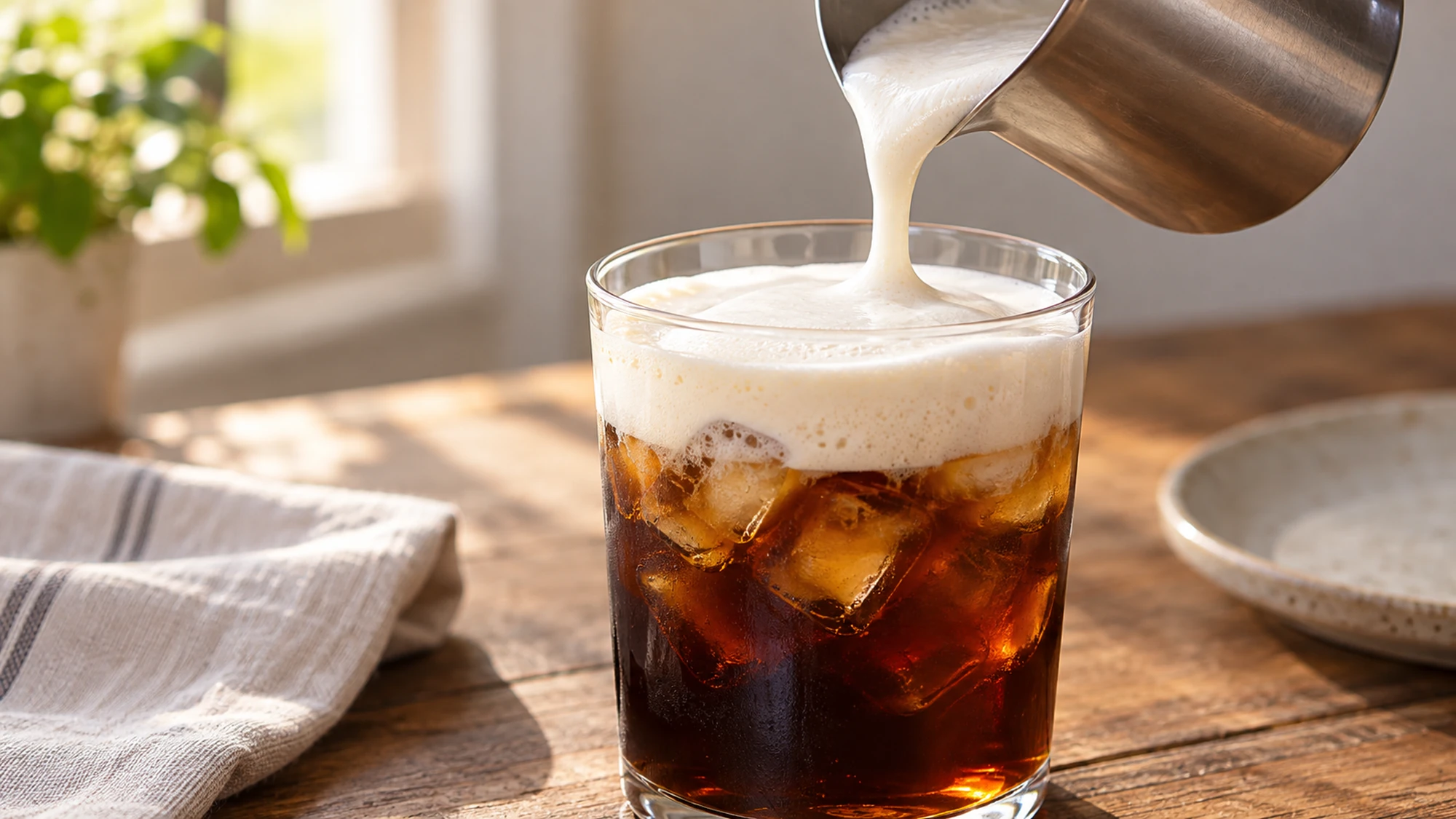 A small pitcher pouring soft vanilla cold foam over iced coffee.