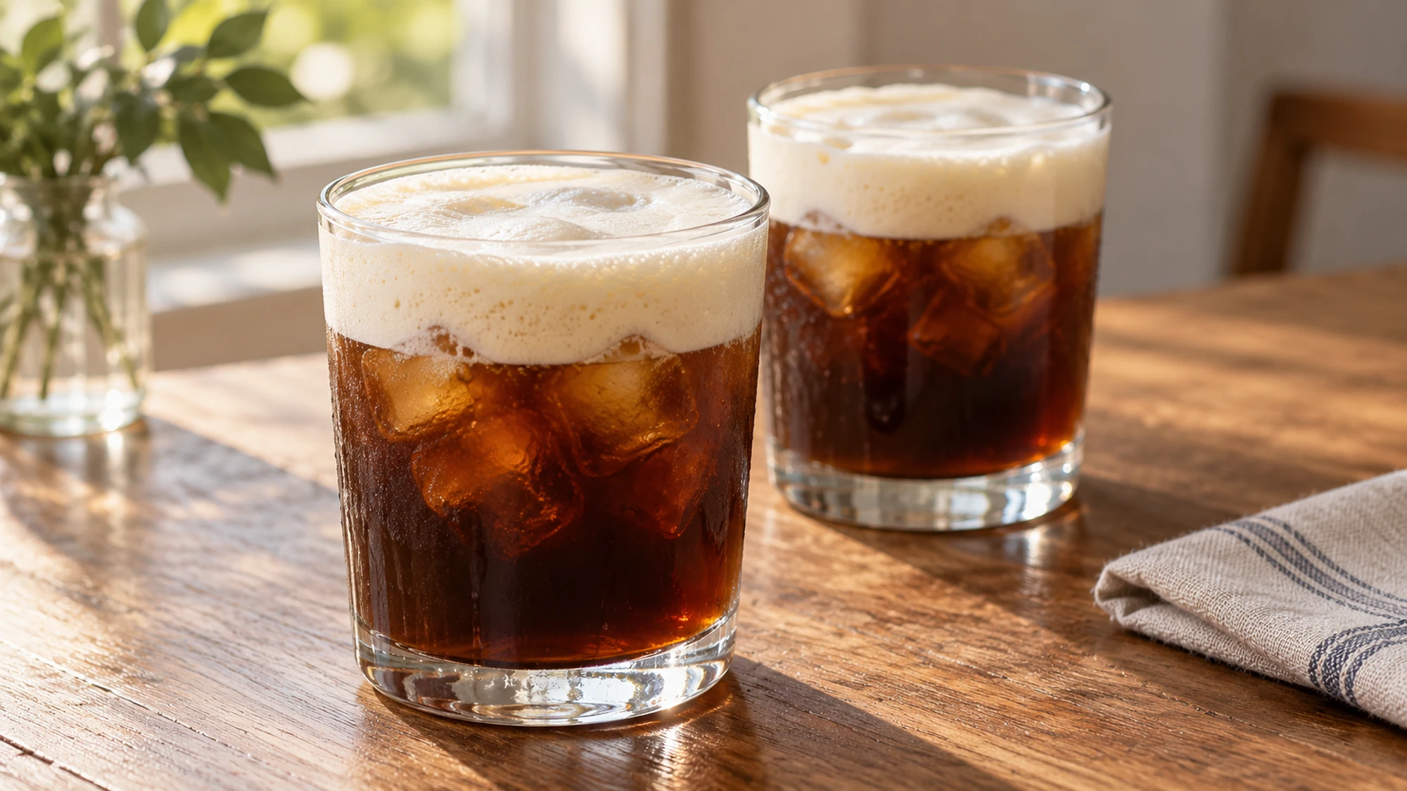Two glasses of iced coffee with light cold foam on a wooden table.